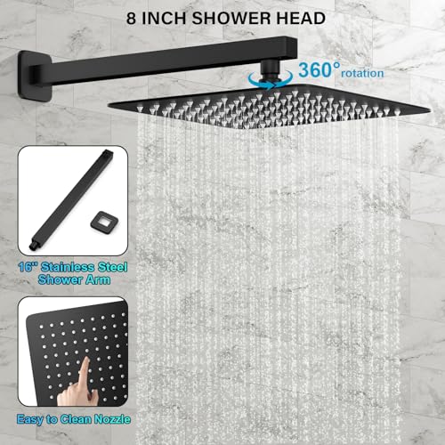 FPXRNG Shower Faucet Set Rainfall Shower System with Square Shower Head and Handle Set Rough-in Valve and Metal Trim Kit Included Matte Black 8 Inch Wall Mounted Shower Fixtures - color: Matte Black, size: 8 Inch Wall Mount Shower Head