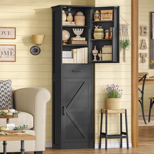 Tall Storage Cabinet with 3 Door Shelves & 1 Drawer, Narrow Kitchen Pantry Cabinet for Living Room, Bathroom, Entryway, Black - color: Black