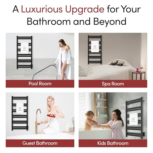 WarmlyYours Grande Heated Towel Rack, 12 Bars, Matte Black | Wall-mounted electric towel warmer rack and dryer, 120V hardwired, flat heated bars for towels and bathrobes - color: Matte Black, size: 12 Bars