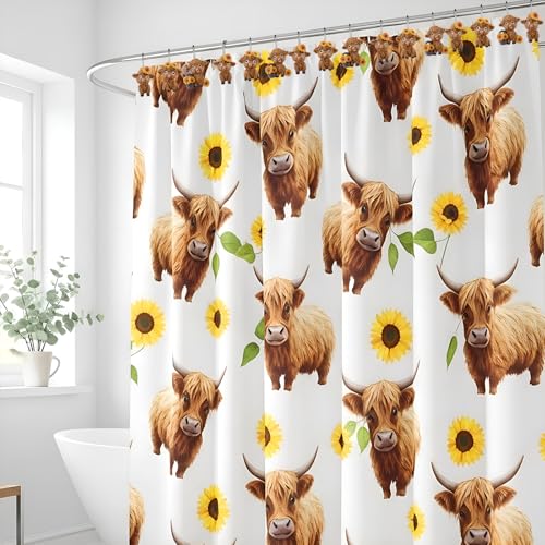 Roowest 12 Pcs Highland Cow Shower Curtain Hooks Sunflower Farmhouse | Cute Cow Ring Design, Stainless Steel Rust Resistant, Western Farmhouse Bathroom Decor, Fits Standard Curtain Rods - style: Sunflower Highland Cow