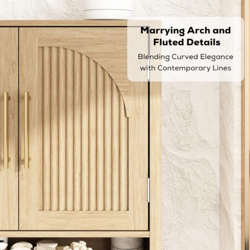 RUSTOWN Fluted Bathroom Wall Cabinet with Arched Doors & Rounded Edges | Over The Toilet Storage Cabinet with Adjustable Shelf, Mid Century Modern Medicine Cabinets, Laundry & Kitchen Shelving Unit - color: Natural Oak