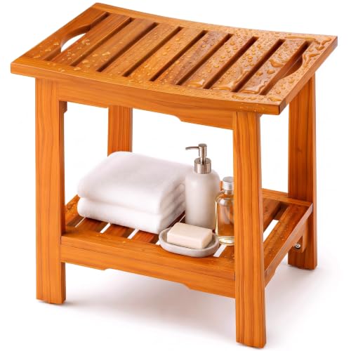 DUMOS Wooden Shower Bench, 18" Waterproof Shower Stool for Inside Showers | Non-Slip Bathroom Bench with Shelf & Handles for Senior Adult, Disabled Elderly, 300 LBS Capacity, Brown - size: 18"W