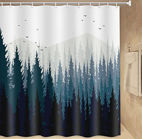 JAWO Rustic Scenery Shower Curtain, Black Forest Fog Bird Mountain, Polyester Fabric Waterproof Shower Curtain Bathroom, 69X70in, Shower Curtains Hooks Included - color: Blue, size: 69"W x 70"L (Pack of 1)