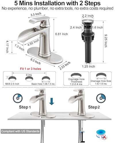Waterfall Bathroom Faucet, Brass Brushed Nickel Bathroom Faucets, Single Handle Bathroom Sink Faucet, 4 Inch Vanity Faucet 1 Hole or 3 Holes with Drain Deck Plate & Supply Hoses for RV Lavatory - color: Brushed Nickel - Modern