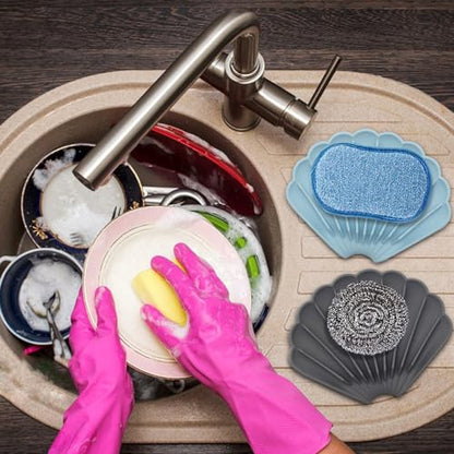 Silicone Soap Dish with Drainage - Shell Shaped for Bathroom & Kitchen Sinks (3 Pcs, Blue, White & Gray)