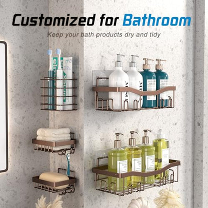 Youvip Adhesive Shower Caddy, No Drilling Bath Organizers 5 Pack, Rustproof Shelves with Soap Holder & Toothbrush Holder, Bathroom Organizers and Storage, Bronze - color: Bronze-5pc