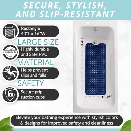 ENKOSI Bath Mat - Large Non Slip Bathtub & Shower Mat - Extra Long 40 x 16 Inch Bathroom Mats for Tub Nonslip Anti Slip Bathmats (40x16 Navy 1-Pack) | Navy Blue color; Durable PVC; 40x16 in, Navy Blue - color: Navy Blue