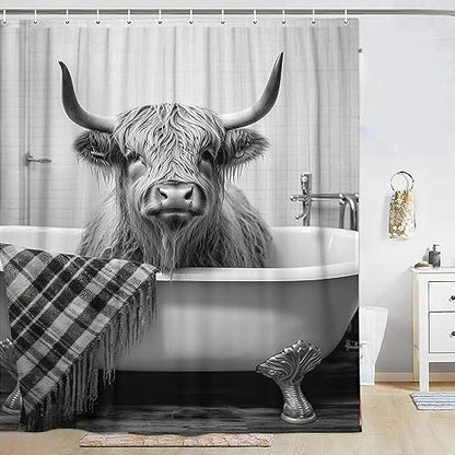 Funny Highland Cattle Cow Bull Shower Curtain, Black and White Cattle Bathing in The Bathtub Shower Curtains Set, Humor Western West Farmhouse Shower Curtains with Hooks 72x72inch - color: Grey, size: 72"W x 72"L (Pack of 1)
