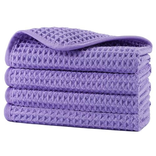 POLYTE 430 GSM Microfiber Lint Free Washcloth Face Towel, 13 x 13 in, 4 Pack (Waffle Weave) - color: Purple
