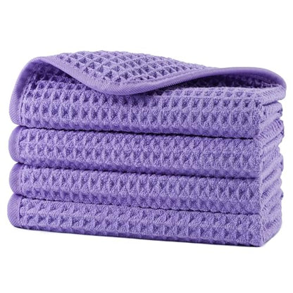 POLYTE 430 GSM Microfiber Lint Free Washcloth Face Towel, 13 x 13 in, 4 Pack (Waffle Weave) - color: Purple