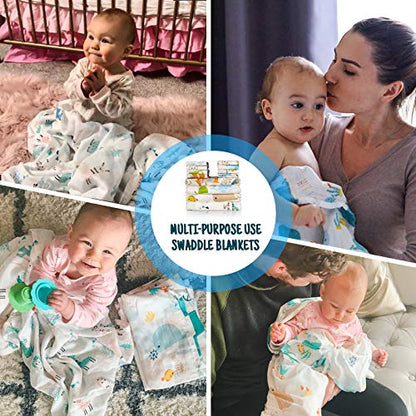 Baby Swaddle Blanket and Washcloths Set,12 Pieces Muslin Cotton Baby Swaddle Wrap and Wash Cloths Unisex for Boys and Girls, 4 Pack for 40 x 40 Inches and 8 Pack for 8 x 10 Inches - color: Animal Friends