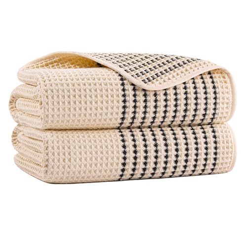 MICROFI New Microfiber Waffle Bath Towels, 2 Pieces, Soft, Absorbent, Fast Drying, Lint Free 430 GSM (30''x60''/76cm x 152cm) - color: Champagne Striped