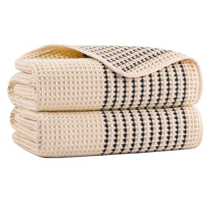 MICROFI New Microfiber Waffle Bath Towels, 2 Pieces, Soft, Absorbent, Fast Drying, Lint Free 430 GSM (30''x60''/76cm x 152cm) - color: Champagne Striped