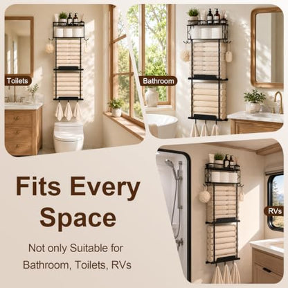 Towel Racks for Bathroom 39.9 Inch Wall Mounted Towel Rack with Shelf, Bathroom Towel Storage Holds 6 Large Rolled Towels, Metal Wall Towel Rack, Black - size: 39.9inch
