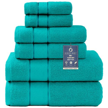 COZYART Bath Towel Set 6 PCS, Turquoise 100% Turkish Cotton 650GSM Soft | Absorbent Quick Dry, OEKO‑Tex 100 Cert. Zero Twist Ring Spun Cotton, Plush Fluffy, Breathable Hotel Quality Bathroom Towels - color: Turquoise