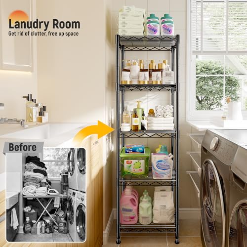 DurayLoly 15.8"W 5-Tier Narrow Wire Shelving, Adjustable shelf, for Kitchen | Slim 15.8"Wx11.8"Dx53"H, Leveling feet+anti-tip, Rustproof, 10-min tool-free assembly, For kitchen, bath, laundry, pantry - size: 15.8"W x 11.8"D x 53"H