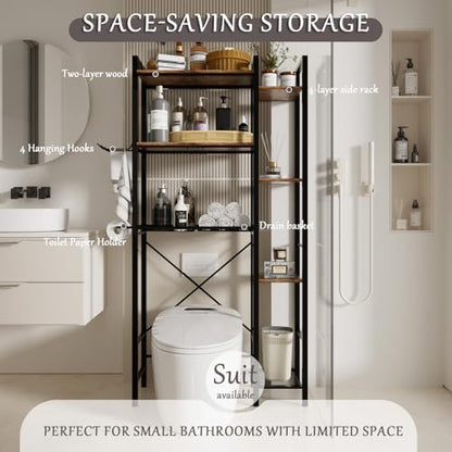 Over The Toilet Storage Cabinet, 3-Tier Bathroom Shelves Over Toilet, Easy Installation with Drain Basket, Side Rack, X Shape Side Guardrail, Freestanding Toilet Rack for Balcony, Laundry