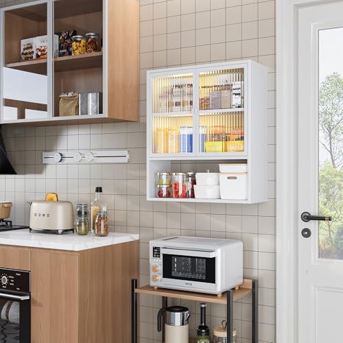 Bathroom Cabinet Wall Mount, Metal Medicine Cabinet with Glass Doors and LED Light, Bathroom Wall Cabinet Over The Toilet, White Hanging for Kitchen Laundry Room - color: White, size: Half-glass wall cabinet