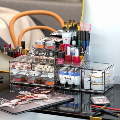 Cq acrylic 3 Pack Clear Makeup Organizer Countertop,Stackable 8 Drawers Skin Care Organizer,Cute Make Up Organizers for Vanity Jewelry,Hair Accessory,Beauty,Skin Care,Skincare Product Desk Storage - size: 8 Drawers-Set of 3