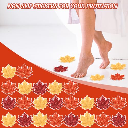 JarThenaAMCS 24 Pcs Fall Non Slip Bathtub Sticker with Scraper Maple Leaves Anti Slip Shower Tread Adhesive Shower Decal for Autumn Bathroom Floor Decoration