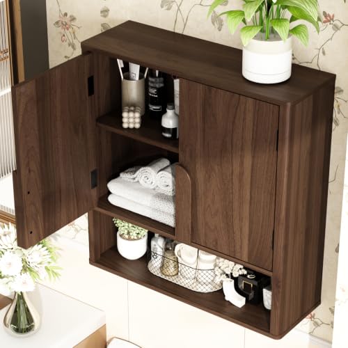 RUSTOWN Wall Mounted Bathroom Cabinets with Rounded Edges & Curved Handles | Adjustable Shelf, 3-Tier Over The Toilet Storage Cabinets, Modern Medicine Cabinet for Laundry Kitchen Living Room - color: Dark Walnut