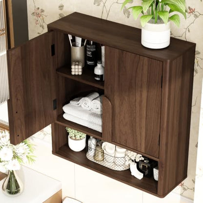 RUSTOWN Wall Mounted Bathroom Cabinets with Rounded Edges & Curved Handles | Adjustable Shelf, 3-Tier Over The Toilet Storage Cabinets, Modern Medicine Cabinet for Laundry Kitchen Living Room - color: Dark Walnut