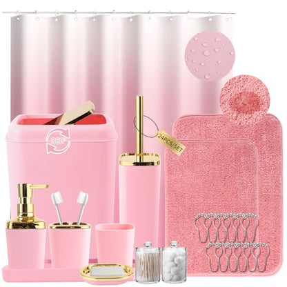 XLHOMO Bathroom Set - Pink Bathroom Sets with Shower Curtain and Rugs, 24PCS Shower Curtain Set with Hooks, Soap Dispenser, Soap Dish, Toilet Brush Holder and Trash Can for Housewarming - color: Pink and Gold, size: Bathroom Set+Shower Curtain+Bath Rugs