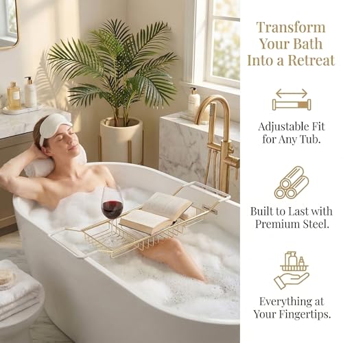 Cabilock Luxury Stainless Steel Bathtub Caddy Tray - 24.8in Expandable Modern Bath Rack for Tub with Wine Glass & Book Holder - Rustproof Shower Organizer & Tablet Stand for Home Spa, Gold - color: Golden