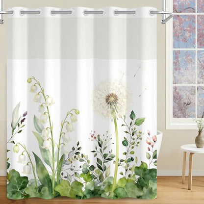 No Hook Shower Curtain and Liner, Farmhosue Machine Washable Waterproof Shower Curtain with Mesh Top Window and Weighted Hem, Spring Garden Floral Shower Curtains for Bathroom, 71" W x 74" L - color: Lush Greenery