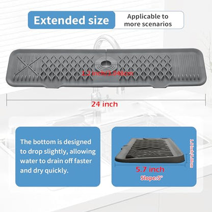 24inch Silicone Splash Guard Kitchen Sink Gray Dish Drying Mats Non-Slip | Sponge Holder Bathroom Countertop Protect Kitchen Sink Splatter Screen Faucet Air Drying Mat Drip Catcher Tray - color: Gray