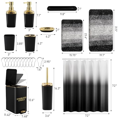 Bathroom Sets with Shower Curtain and Rugs Bathroom Accessories Set Black Bathroom Set,Soap Dispenser & Toilet Brush Holder Set with Stainless Steel Trash Can(23 PCS) - size: Black, style: Bath Set+Ombre Waffle Shower Curtain+Bath Rugs