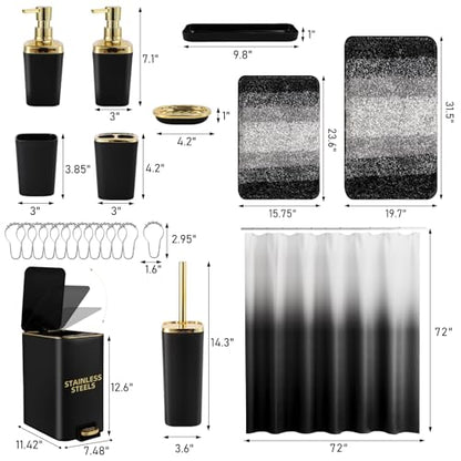 Bathroom Sets with Shower Curtain and Rugs Bathroom Accessories Set Black Bathroom Set,Soap Dispenser & Toilet Brush Holder Set with Stainless Steel Trash Can(23 PCS) - size: Black, style: Bath Set+Ombre Waffle Shower Curtain+Bath Rugs