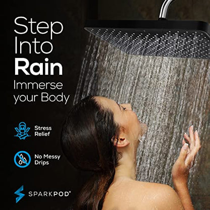 SparkPod 12 Inch Black Rain Shower Head - Ceiling or Wall Mount Rainfall Shower Head - Large Coverage Showerhead - Brass Ball Joint with 360° Adjustment - 1-Min Install (Midnight Black Matte) - color: 3 - Midnight Black Matte 12 Inch Rectangle, style: 12