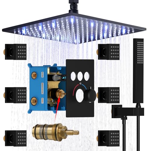 Enga Thermostatic Shower System with Body Jets (Use All Functions At A Time), Ceiling Mounted 12 Inch LED Rain Shower with 6 Body Spray Jets and Handheld Shower Faucet Set, Matte Black - color: Black, style: Ceiling Mount-6 Jets