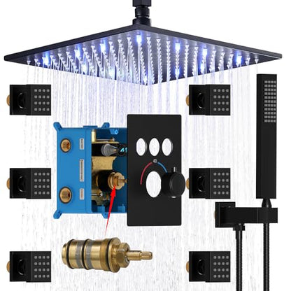 Enga Thermostatic Shower System with Body Jets (Use All Functions At A Time), Ceiling Mounted 12 Inch LED Rain Shower with 6 Body Spray Jets and Handheld Shower Faucet Set, Matte Black - color: Black, style: Ceiling Mount-6 Jets