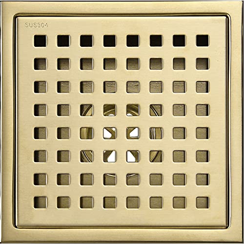 TRUSTMI 6 Inch Square Shower Floor Drain with Removable Grid Grate Cover, SUS 304 Stainless Steel,Brushed Gold - size: Grid Cover