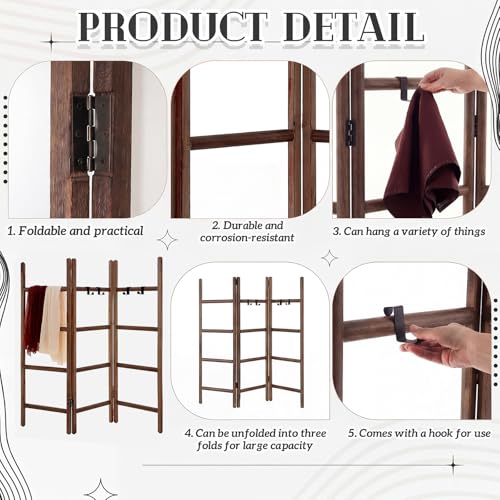 CroBlissful 3 Panel Blanket Ladder, 56.7" H Rustic Wood Quilt Display Rack, Foldable Free Standing Towel Ladder with 9 Hooks, Decorative Blanket Holder for Living Room Bedroom Bathroom Farmhouse Decor