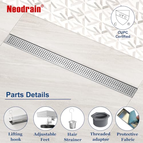 Neodrain 30" Linear Shower Drain, Polished 304 SS Bathroom Linear Drain | Polished Shower Drain with Quadrato Grate& Adjustable Feet, Long Rectangle Shower Floor Drain in Bathroom, Balcony etc, cUPC - color: Polished, size: 30 In