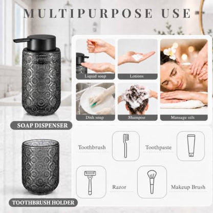Bathroom soap Dispenser and Toothbrush Holder Set | Bathroom Accessories 2 pack cup and toothpaste holder grey glass - color: Deep Gray