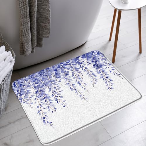 Blue Eucalyptus Bath Mat Watercolor Floral Leaves Plant Botanical Nature Bathroom Bathtub Floor Rugs Doormat Toilet Decor,16 x 24 in - color: Blue White, size: 16x24 Inch