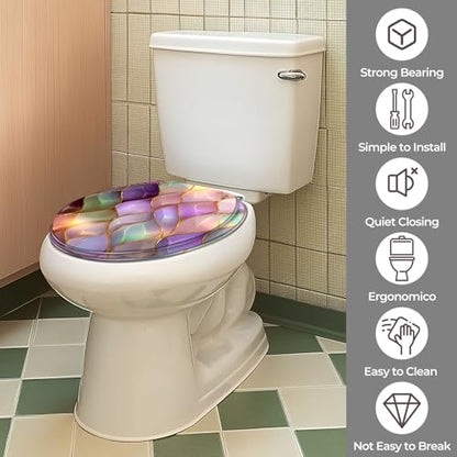 Round Resin Toilet Seat, Quietly Close Quick Release Hinges Cover | Toilet Lid Cover Easy to Clean and Install, Luxurious Iridescent Mosaic Gold Edged Leaf Heavy Duty Toilet Seat - color: pattern4, size: O-shape
