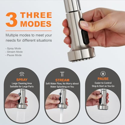 TIORIY with 15 Adapters Pull Down Kitchen Sink Faucet Head Replacement, 3 Functions Plastic Kitchen Sink Sprayer Nozzle Replacement for Kitchen Faucet, Pause Mode (Brushed Nickel) - color: Brushed Nickel, style: Pause