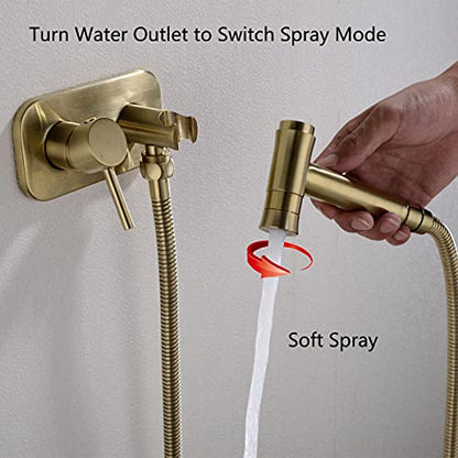 TRUSTMI Toilet Concealed Hot and Cold Bidet Spray Set, Brushed Gold | Brass Rough-In Wall Mount,Thumb-Free Push Button Hand Held Sprayer Head, 2 Function - color: Brushed Gold