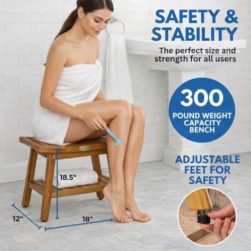 EcoDecors Harmony Gold 18" Teak Shower Bench, Fully Assembled, 300 lb | Comfortable shower bench supports adults and seniors with sturdy construction, reliable stability, and timeless teak style