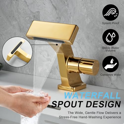 BAKALA Gold Waterfall Bathroom Faucet, Single Hole Brass Sink Faucet for RV and Vanity, Includes 2 Supply Lines - color: Gold