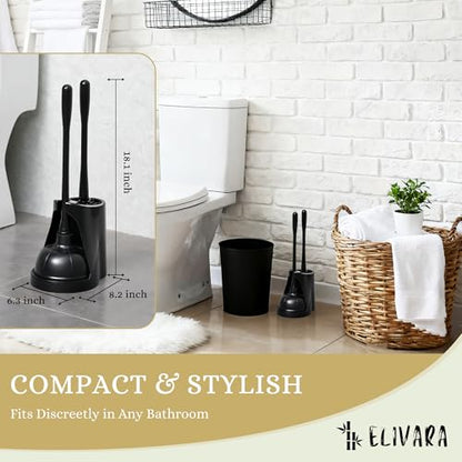 Toilet Plunger and Bowl Brush Combo with Dual-Compartment Holder – Heavy Duty Suction, Ergonomic Handles, Anti-Splash, Sleek Compact Design (Black)