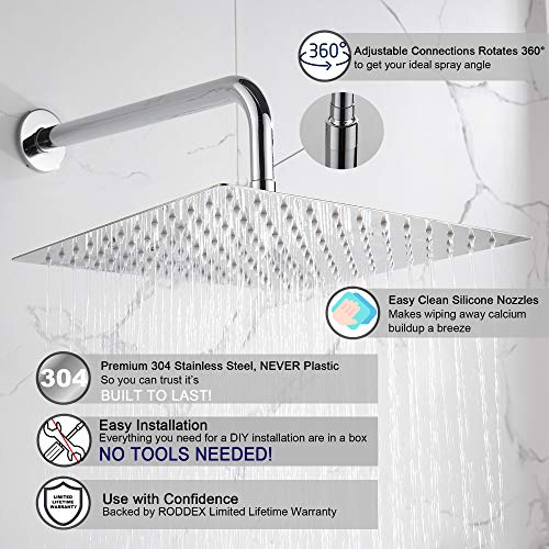 Square Rain Shower Head, High Pressure Rainfall Showerhead, Large Fixed Stainless Steel Polished Chrome Shower Rain, 12 Inch Rainhead and 15 Inch Extension Arm