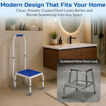 Platinum Health AdjustaStep BARIATRIC Deluxe Step Stool/Footstool with Handle/Handrail, Height Adjustable. 2 Products in 1. Modern White/Blue Design. Padded Non-Slip Handle. 750lb Capacity. - size: 750 lb. Capacity - 1 Step