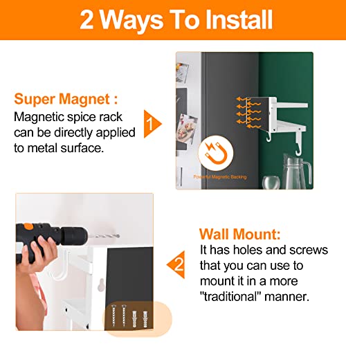 Spice Rack Magnetic Shelf with Paper Towel Holder Roll and Hooks, Foldable Refrigerator Magnetic Spice Holder, Seasoning Organizer Hanging Spice Storage Stand, White - color: White