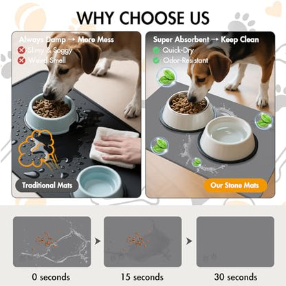 Newest Diatomite Stone Pet Feeding Mat for Dog&Cat–Super Absorbent Diatomite Fast Drying Stone Dog Food Mat, Quick Dry Dog Mats for Food and Water with Non-Slip Pad (24×16'', Dark Gray, Square) - color: Dark Gray Square